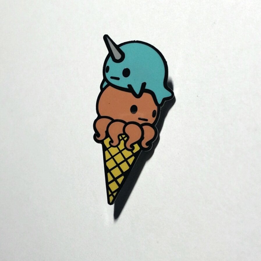 Narwhal Octopus Ice Cream Pin - Teal Coral, Cartoon Narwhal Pin, Cartoon Octopus Enamel Pin, Narwhal Gift, Octopus Gift