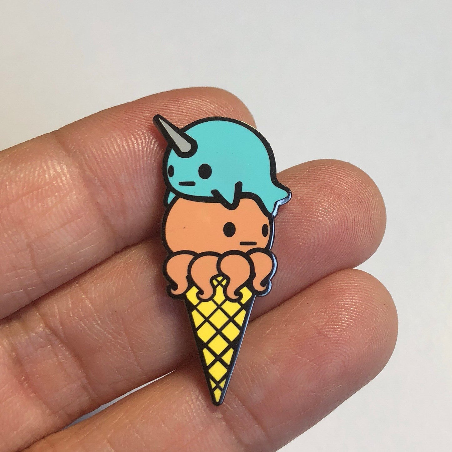 Narwhal Octopus Ice Cream Pin - Teal Coral, Cartoon Narwhal Pin, Cartoon Octopus Enamel Pin, Narwhal Gift, Octopus Gift