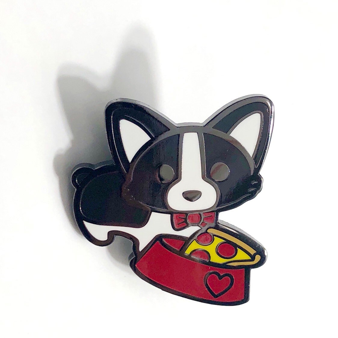 Black Pupperoni Pizza Tricolor Corgi Pin, Cartoon Dog Pin, Corgi Art Dog Pin, Corgi Puppy Hard Enamel Pin 1"