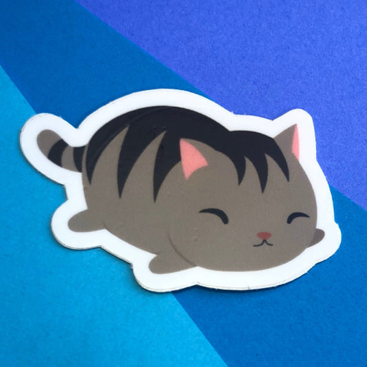 Dusty - Grey Brown Tabby Fat Cat Durable Weatherproof Die Cut Matte Vinyl Sticker - car, water bottle, laptop