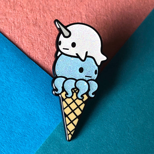 Narwhal Octopus Ice Cream - blue glitter Ice Cream Enamel Pin, Cute Ice Cream Pin, Octopus Pin, Narwhal Pin, Ice Cream Cone Pin