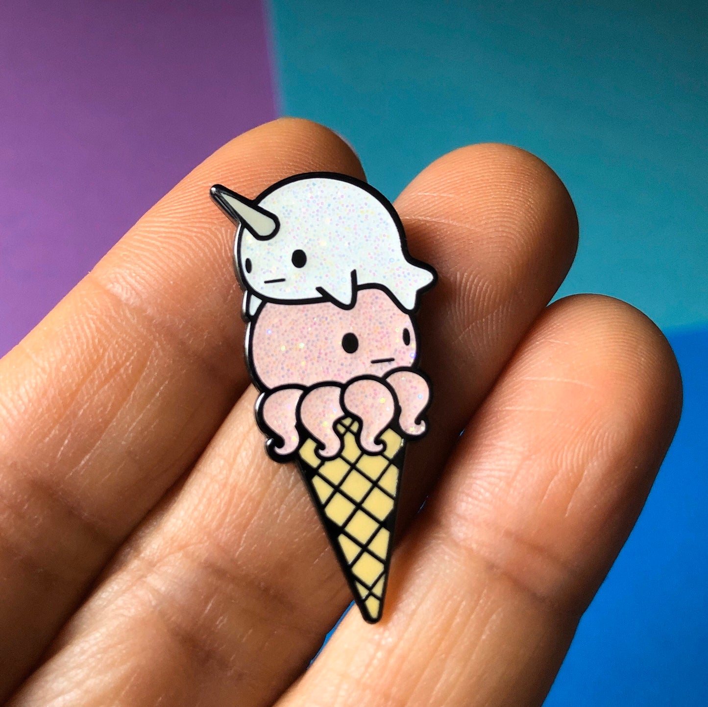 Narwhal Octopus Ice Cream - pink glitter Ice Cream Enamel Pin, Cute Ice Cream Pin, Octopus Pin, Narwhal Pin, Ice Cream Cone Pin