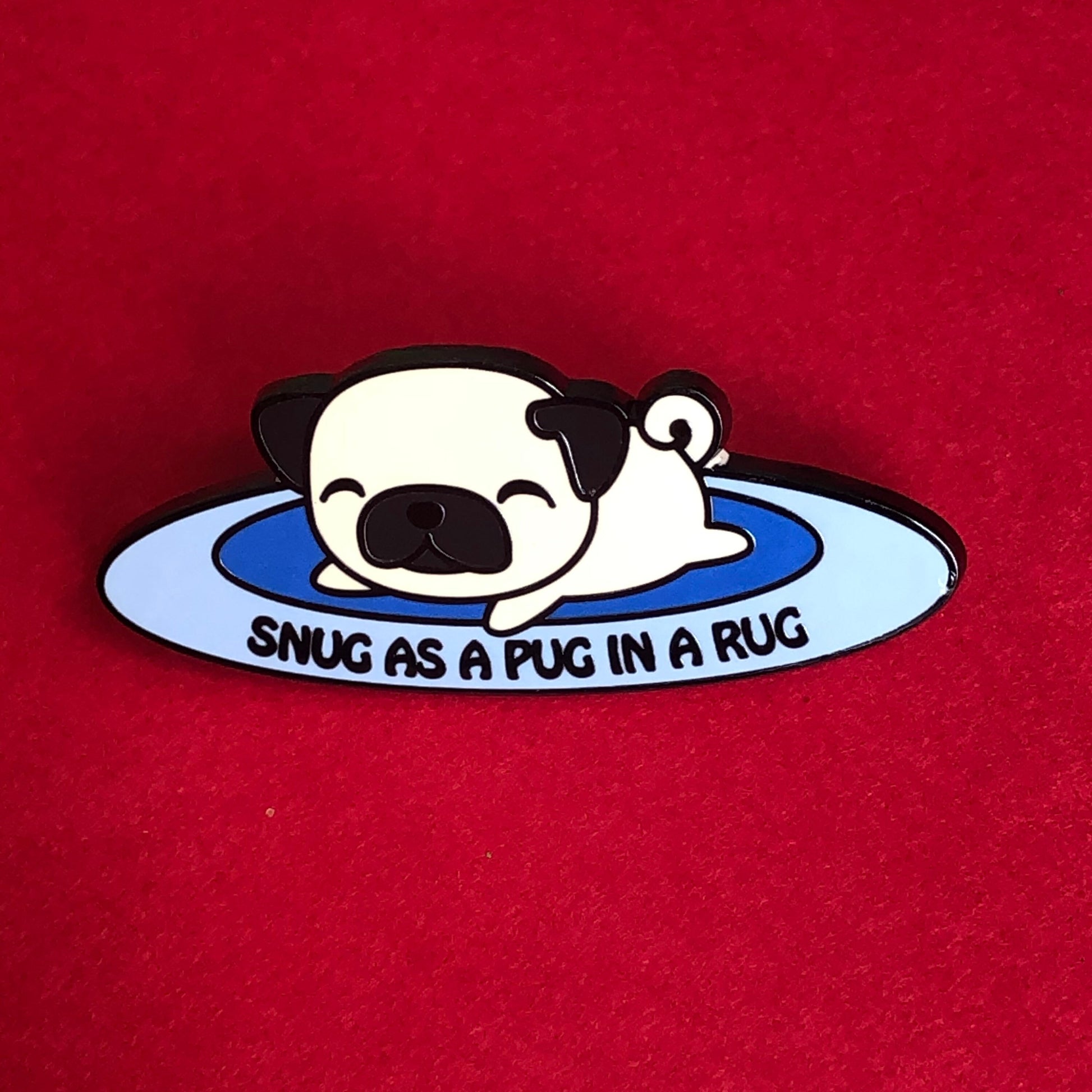 Snug as a pug in a rug enamel pin, pug pin, cute cartoon pug, sleeping pug, happy pug pin