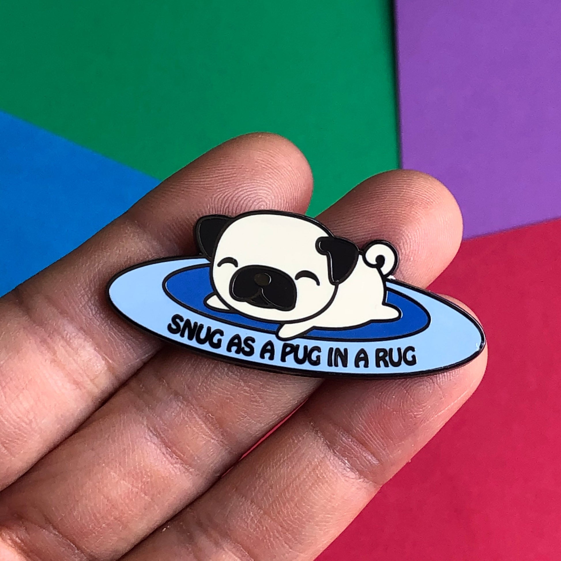 Snug as a pug in a rug enamel pin, pug pin, cute cartoon pug, sleeping pug, happy pug pin