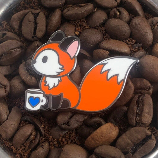 Coffee Fox Hard Enamel Pin 1.25", fox pin, coffee pin, coffee lover