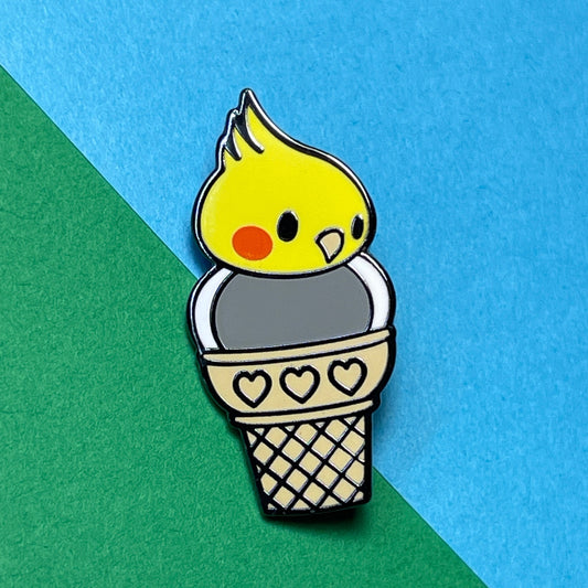 Grey Cockatiel Cone Pin, Ice Cream Cone Enamel Pin, Ice Cream Pin, Bird Pin, Ice Cream Cartoon, Ice Cream Art Pin