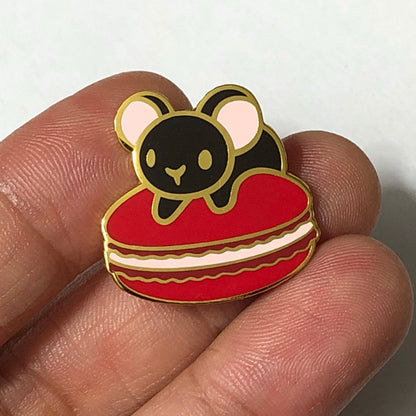 Mousecaron (Raspberry) Hard Enamel Pin, black mouse pin, red macaron pin