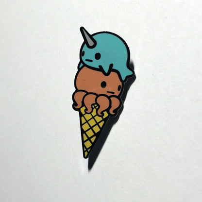 Narwhal Octopus Ice Cream Pin - Teal Coral, Cartoon Narwhal Pin, Cartoon Octopus Enamel Pin, Narwhal Gift, Octopus Gift