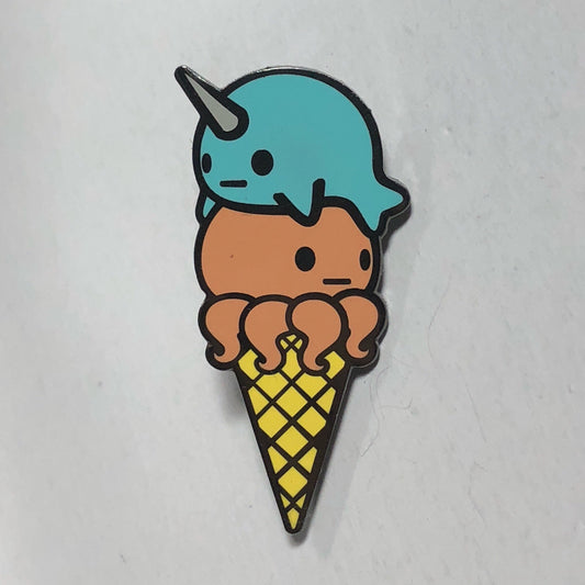 Narwhal Octopus Ice Cream Pin - Teal Coral, Cartoon Narwhal Pin, Cartoon Octopus Enamel Pin, Narwhal Gift, Octopus Gift