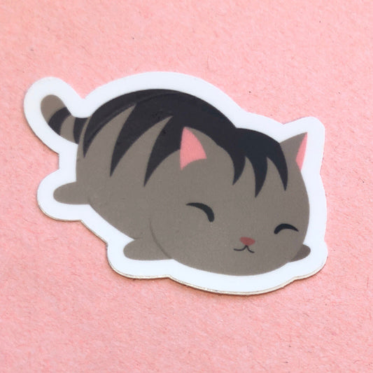 Dusty - Grey Brown Tabby Fat Cat Durable Weatherproof Die Cut Matte Vinyl Sticker - car, water bottle, laptop