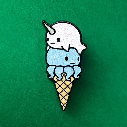 Narwhal Octopus Ice Cream - blue glitter Ice Cream Enamel Pin, Cute Ice Cream Pin, Octopus Pin, Narwhal Pin, Ice Cream Cone Pin