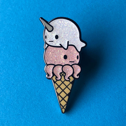 Narwhal Octopus Ice Cream - pink glitter Ice Cream Enamel Pin, Cute Ice Cream Pin, Octopus Pin, Narwhal Pin, Ice Cream Cone Pin