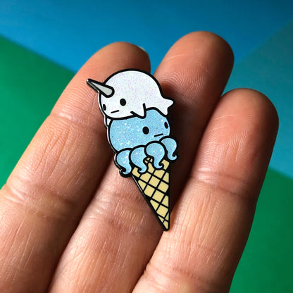 Narwhal Octopus Ice Cream - blue glitter Ice Cream Enamel Pin, Cute Ice Cream Pin, Octopus Pin, Narwhal Pin, Ice Cream Cone Pin