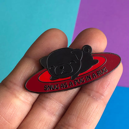 Snug as a pug in a rug enamel pin, pug pin, cute cartoon pug, sleeping pug, happy pug pin