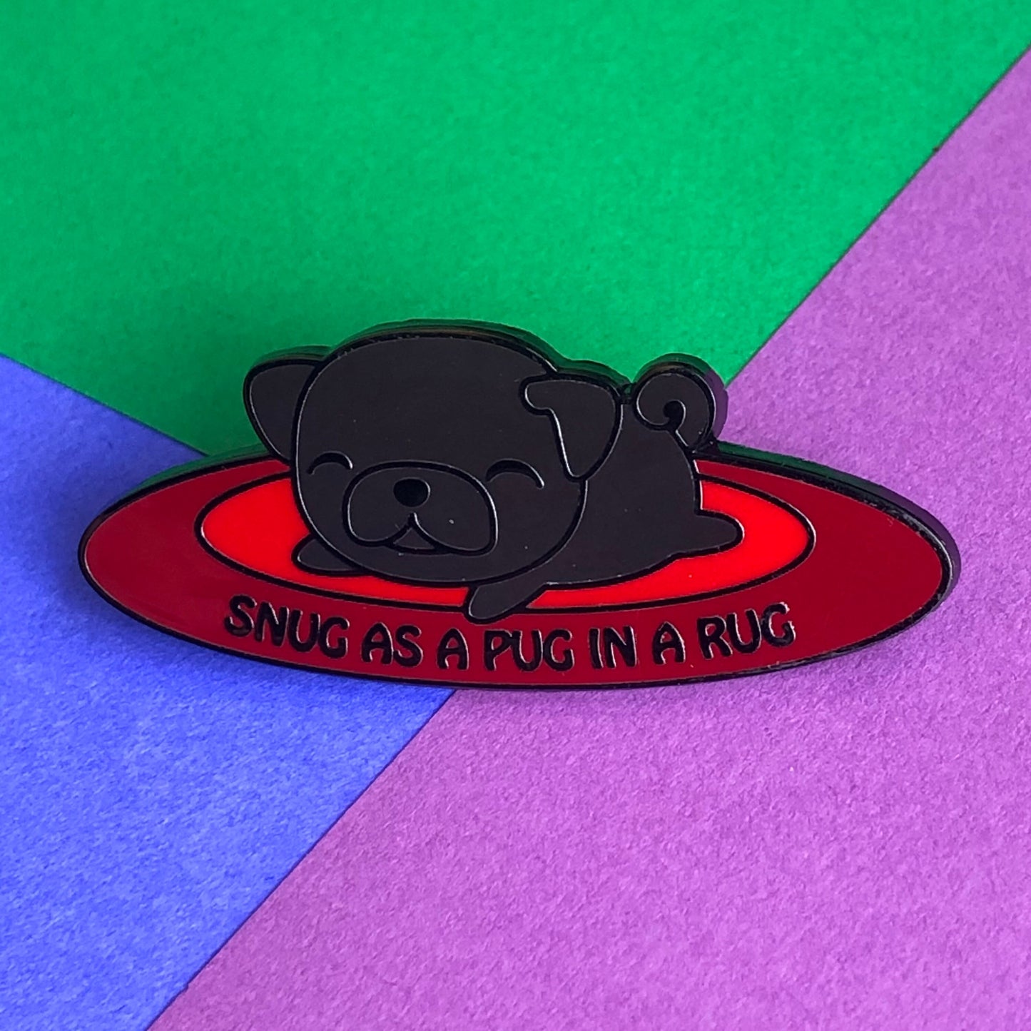 Snug as a pug in a rug enamel pin, pug pin, cute cartoon pug, sleeping pug, happy pug pin