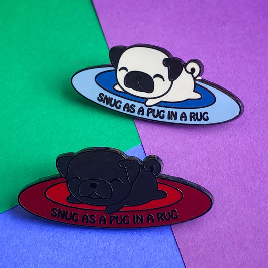 Snug as a pug in a rug enamel pin, pug pin, cute cartoon pug, sleeping pug, happy pug pin