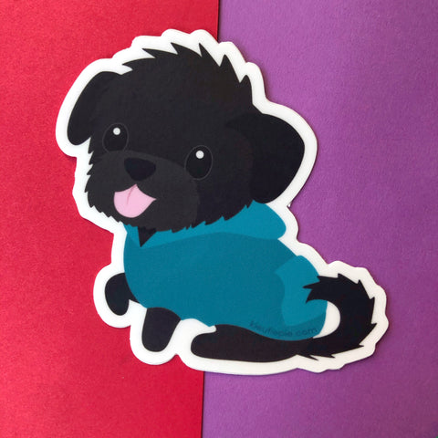 3" Vinyl Sticker - Black Puppy in Hoodie Durable Weatherproof Die Cut Matte Vinyl Sticker - car decal, water bottle sticker, laptop sticker