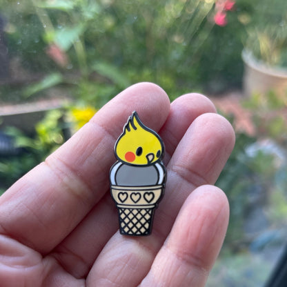 Grey Cockatiel Cone Pin, Ice Cream Cone Enamel Pin, Ice Cream Pin, Bird Pin, Ice Cream Cartoon, Ice Cream Art Pin